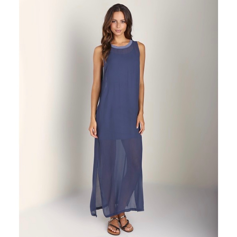 LACAUSA‎ Womens Navy Blue Sheer Overlay Maxi Dress Sleeveless Cotton S